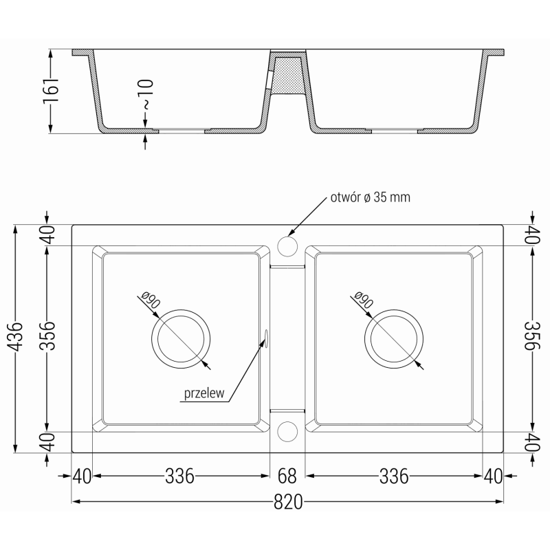 Mexen Mario fregadero de granito de 2 senos 820 x 436 mm, negro moteado, sifón cromado - 6504822000-76