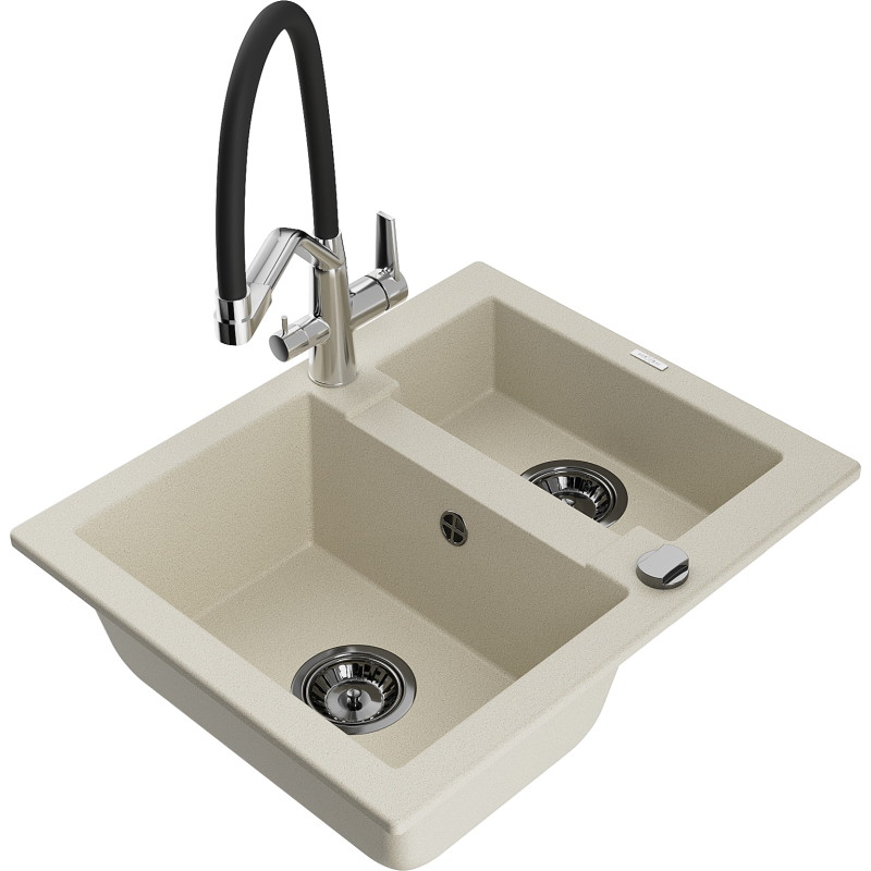 Mexen Carlos fregadero de granito de 1,5 cuencas con grifo de cocina Duo, beige - 6518-69-671701-07-B