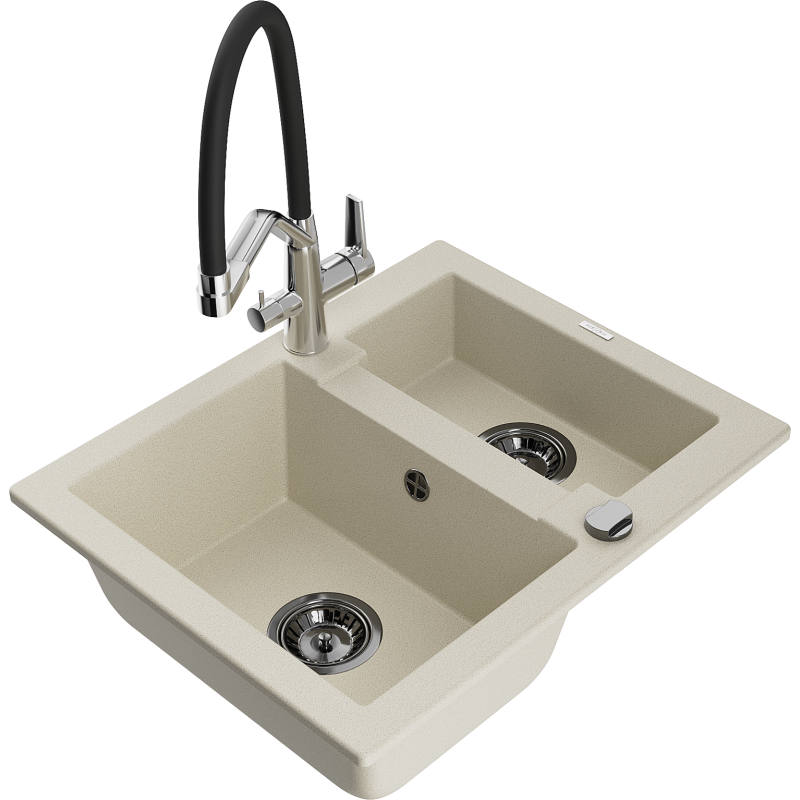 Mexen Carlos granitdiskbänk, 1,5-fack med köksblandare Duo, beige - 6518-69-671701-07-B