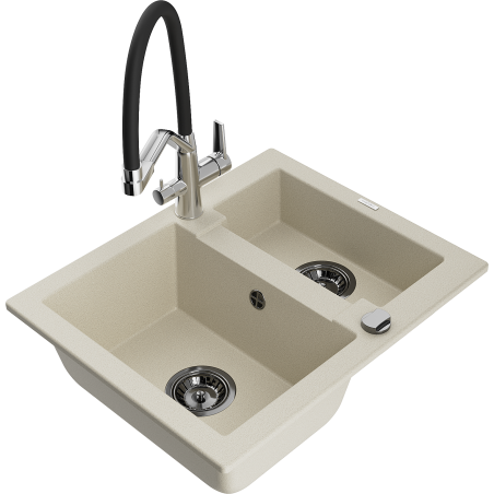 Mexen Carlos Granitspüle 1,5-Becken mit Küchenarmatur Duo, beige - 6518-69-671701-07-B