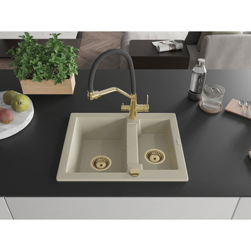 Mexen Carlos granite sink 1.5-bowl with Duo kitchen tap, beige - 6518-69-671701-57-G