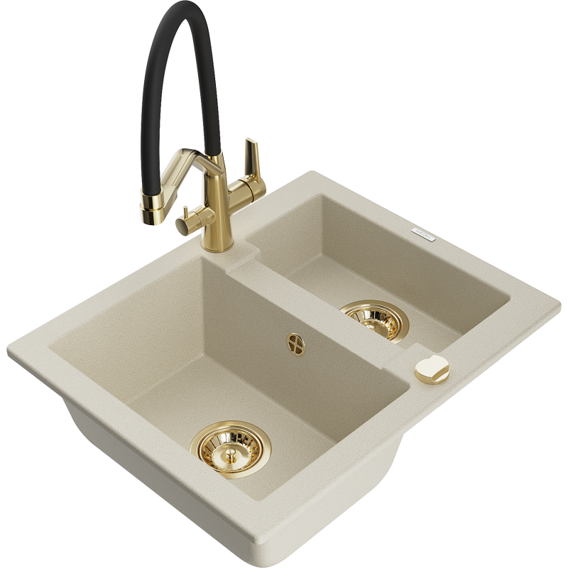 Mexen Carlos granite sink 1.5-bowl with Duo kitchen tap, beige - 6518-69-671701-57-G