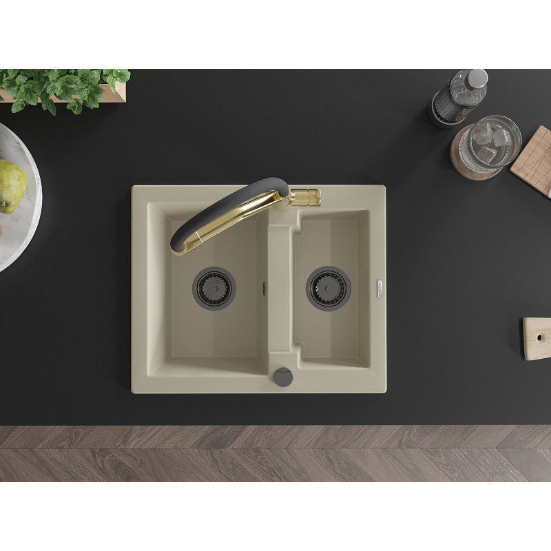 Mexen Carlos granite sink 1.5-bowl with Duo kitchen tap, beige - 6518-69-671701-57-B