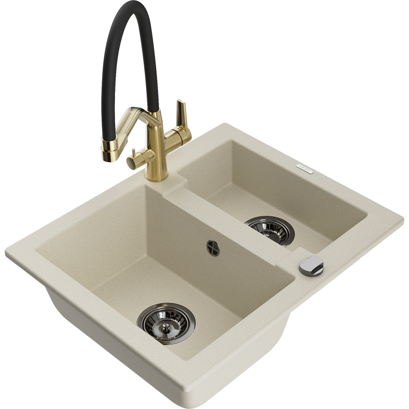 Mexen Carlos 1,5-kulmainen graniittinen keittiöallas ja keittiöhana Duo, beige - 6518-69-671701-57-B