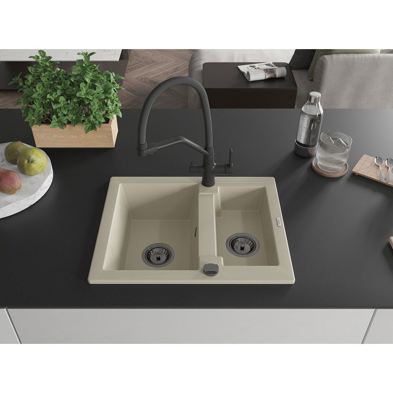 Mexen Carlos 1.5-bowl granite sink with Duo kitchen tap, beige - 6518-69-671701-70-B