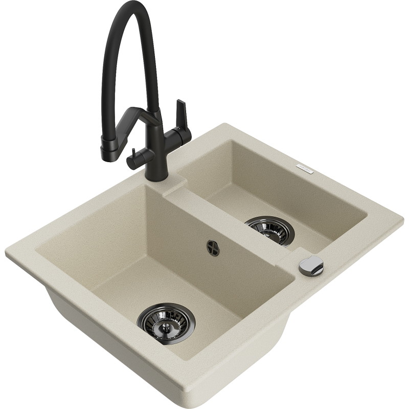Mexen Carlos granitspüle 1,5-beckig mit Küchenarmatur Duo, beige - 6518-69-671701-70-B