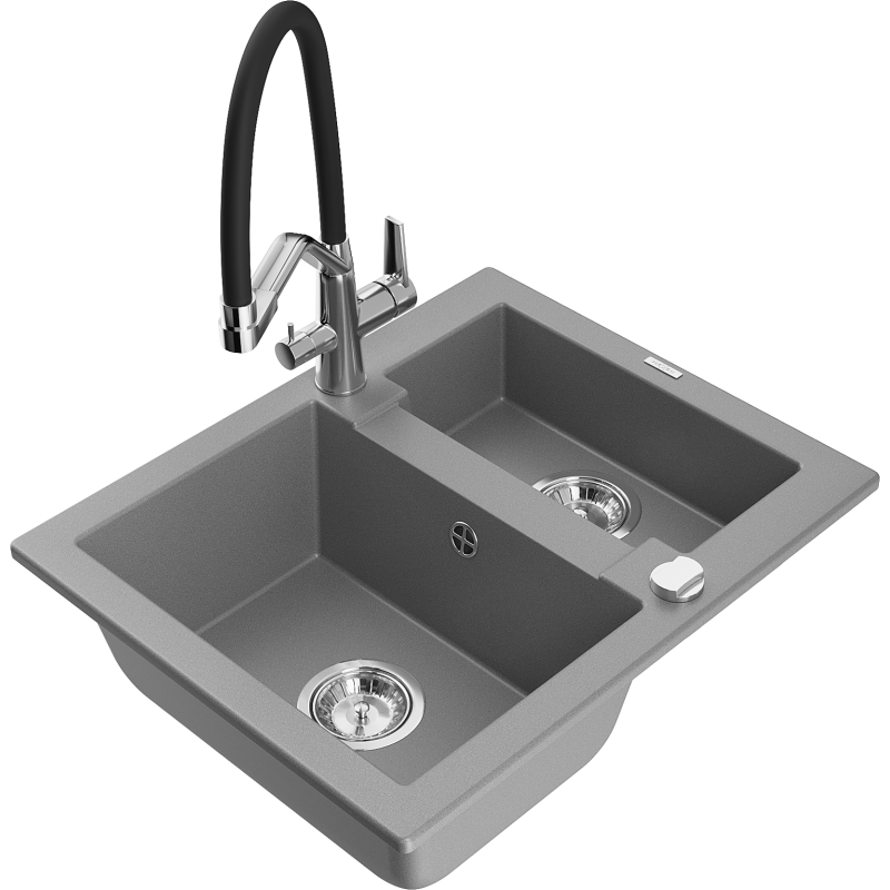 Mexen Carlos lava-louça de granito 1,5 cuba com torneira de cozinha Duo, cinza - 6518-71-671701-07