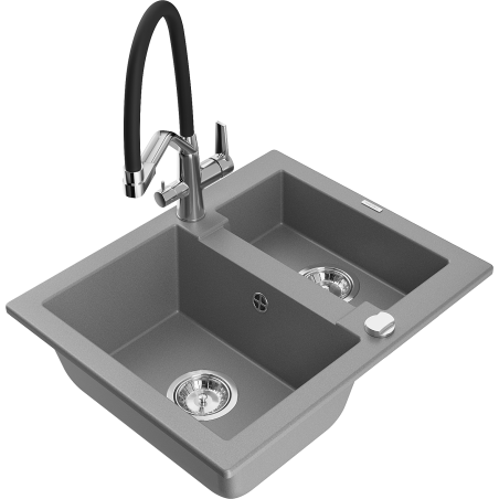 Mexen Carlos fregadero de granito de 1,5 senos con grifo de cocina Duo, gris - 6518-71-671701-07