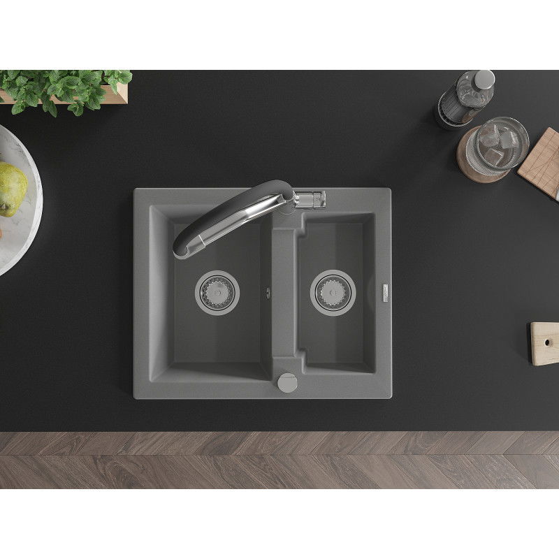 Mexen Carlos fregadero de granito de 1,5 senos con grifo de cocina Duo, gris - 6518-71-671701-07