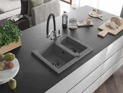 Mexen Carlos 1,5-Becken-Granitspüle mit Mischbatterie Duo, Grau - 6518-71-671701-07-B