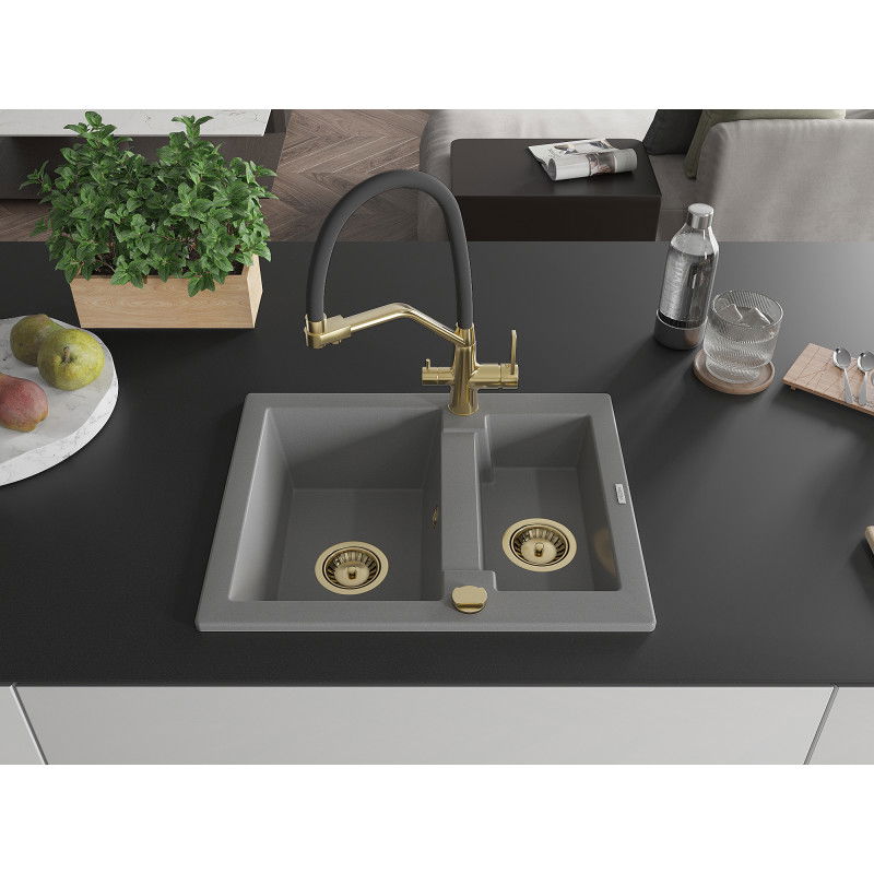 Mexen Carlos granite sink 1.5-bowl with Duo kitchen tap, grey - 6518-71-671701-57-G