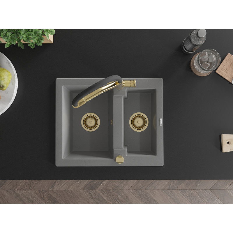 Mexen Carlos fregadero de granito de 1.5 senos con grifo de cocina Duo, gris - 6518-71-671701-57-G