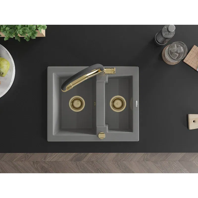 Mexen Carlos Granitspüle, 1,5 Becken mit Küchenarmatur Duo, grau - 6518-71-671701-57-G