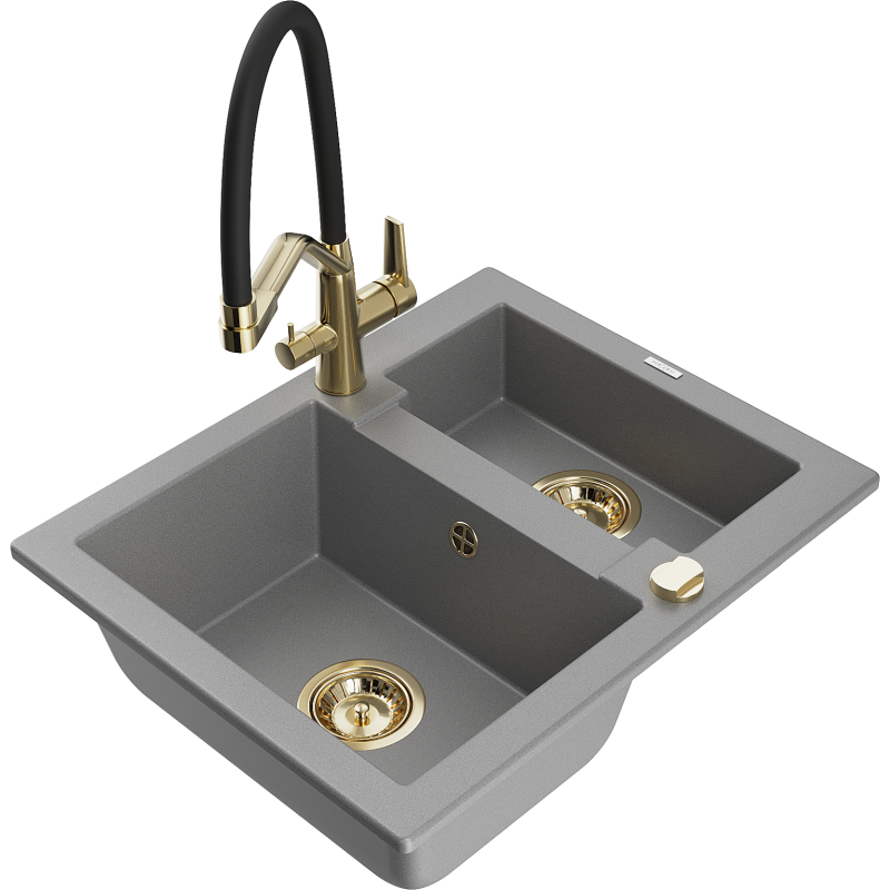Mexen Carlos évier en granite 1,5 bac avec robinet de cuisine Duo, gris - 6518-71-671701-57-G