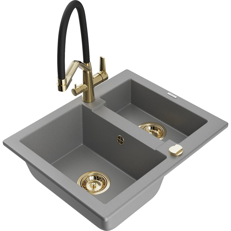Mexen Carlos fregadero de granito de 1,5 tazones con grifo de cocina Duo, gris - 6518-71-671701-57-G