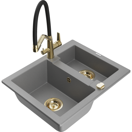 Mexen Carlos fregadero de granito de 1.5 senos con grifo de cocina Duo, gris - 6518-71-671701-57-G