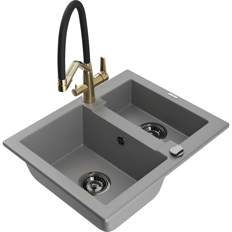 Mexen Carlos granite sink 1.5-bowl with Duo kitchen tap, grey - 6518-71-671701-57-B