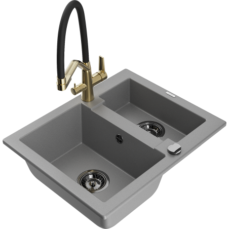 Mexen Carlos granite sink 1.5-bowl with Duo kitchen tap, grey - 6518-71-671701-57-B