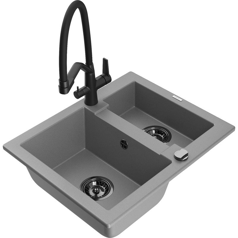 Mexen Carlos évier en granit 1,5-bac avec robinet de cuisine Duo, gris - 6518-71-671701-70-B
