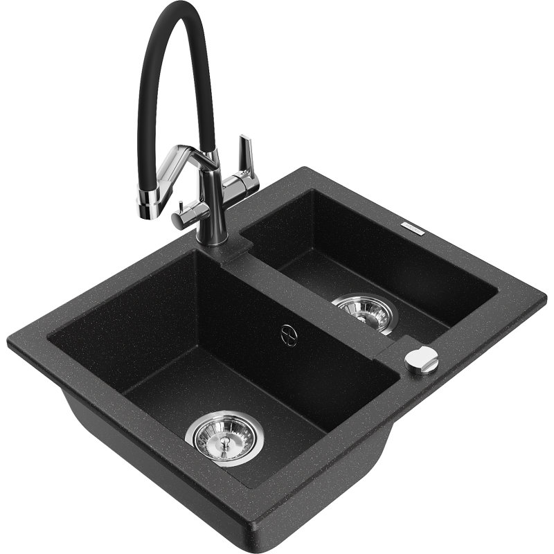 Mexen Carlos 1.5-bowl granite sink with Duo kitchen tap, black/silver metallic - 6518-73-671701-07