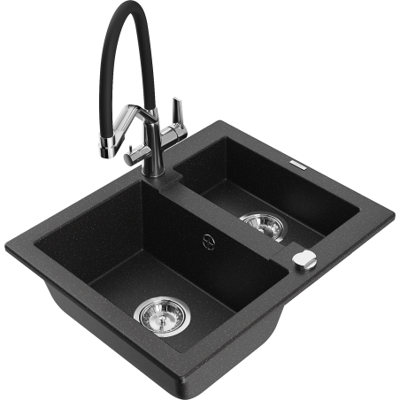 Mexen Carlos granite sink 1.5-bowl with Duo kitchen faucet, black/silver metallic - 6518-73-671701-07