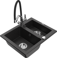 Mexen Carlos 1,5-Becken-Granitspüle mit Mischbatterie Duo, Schwarz/Silbermetallic - 6518-73-671701-07