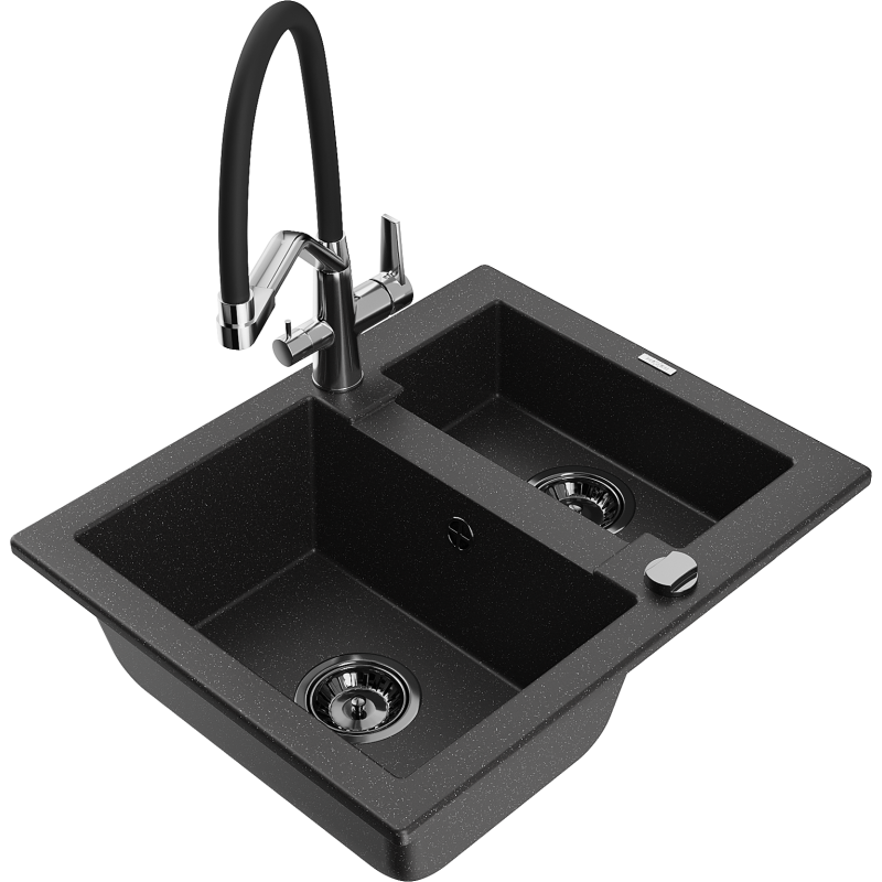 Mexen Carlos 1.5-bowl granite sink with Duo kitchen tap, black/silver metallic - 6518-73-671701-07-B