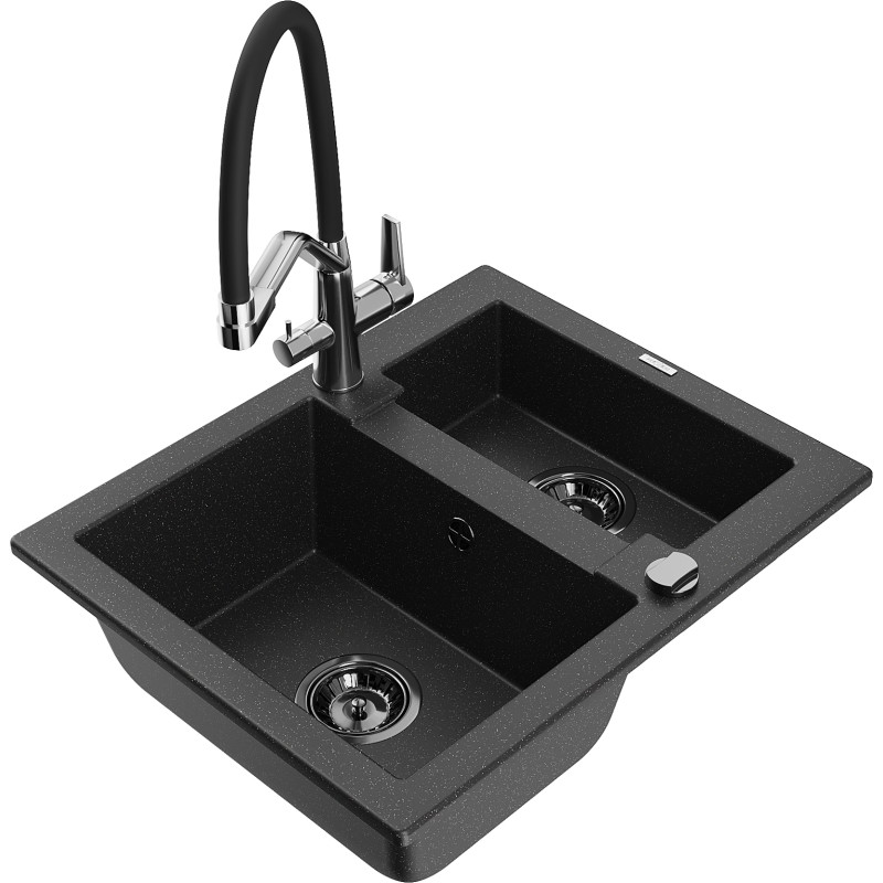 Mexen Carlos Granitspüle 1,5-Kammer mit Küchenarmatur Duo, schwarz/silber metallic - 6518-73-671701-07-B