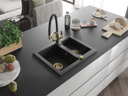 Mexen Carlos Granitspüle 1,5-fach mit Küchenarmatur Duo, schwarz/silber metallic - 6518-73-671701-57-G
