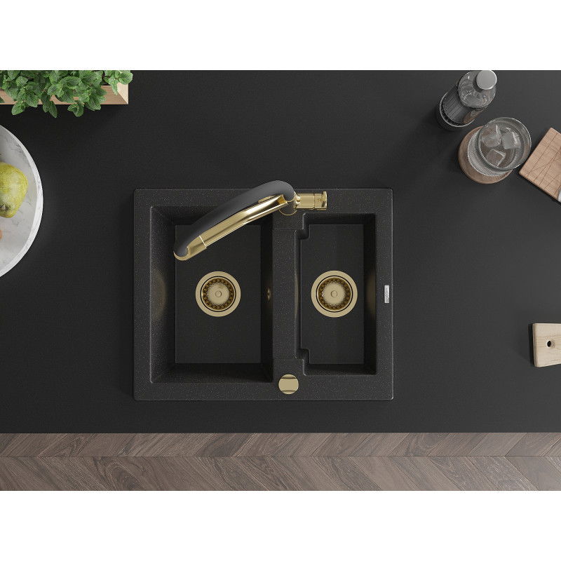 Mexen Carlos Granit Spullsteen 1,5-komoresch mat Kichenkran Duo, schwaarz/sëlwer Metalik - 6518-73-671701-57-G