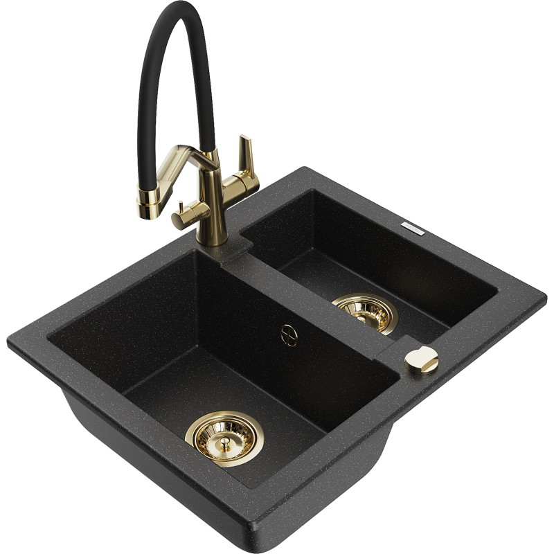 Mexen Carlos fregadero de granito de 1,5 senos con grifo de cocina Duo, negro/plateado metálico - 6518-73-671701-57-G