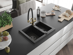 Mexen Carlos Granitspüle 1,5-fach mit Duo-Küchenarmatur, schwarz/silber metallic - 6518-73-671701-57-B