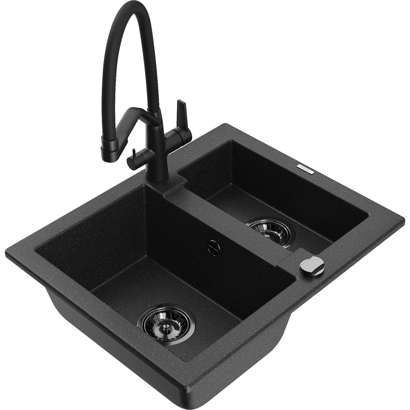 Mexen Carlos Granitspülbecken 1,5-Becken mit Küchenarmatur Duo, schwarz/silber metallic - 6518-73-671701-70-B