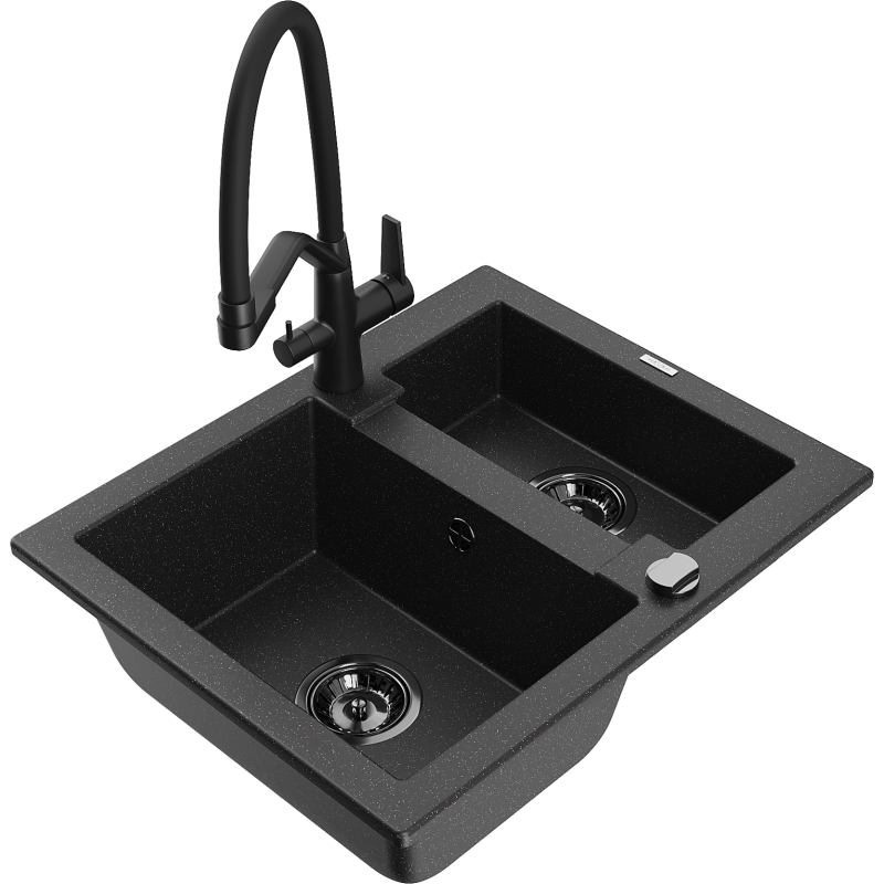 Mexen Carlos lavello in granito 1,5 vasche con miscelatore cucina Duo, nero/argento metallizzato - 6518-73-671701-70-B
