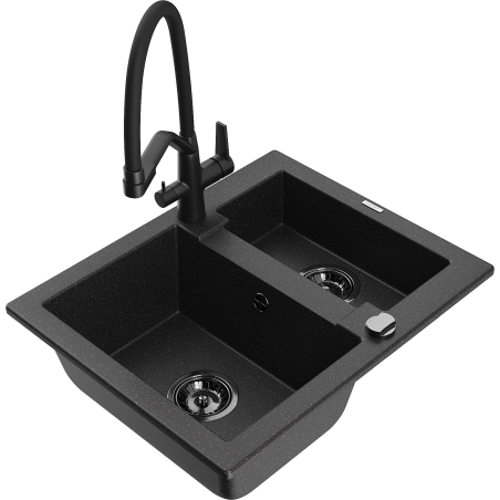 Mexen Carlos Granitspülbecken 1,5-Becken mit Küchenarmatur Duo, schwarz/silber metallic - 6518-73-671701-70-B