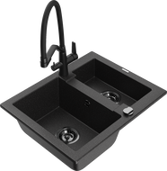 Mexen Carlos 1.5-bowl granite sink with Duo kitchen faucet, black/silver metallic - 6518-73-671701-70-B