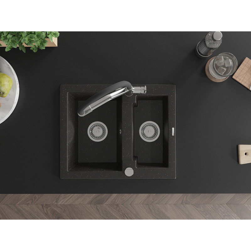 Mexen Carlos lavello in granito a 1,5 vasche con rubinetto da cucina Duo, nero/oro metallizzato - 6518-75-671701-07