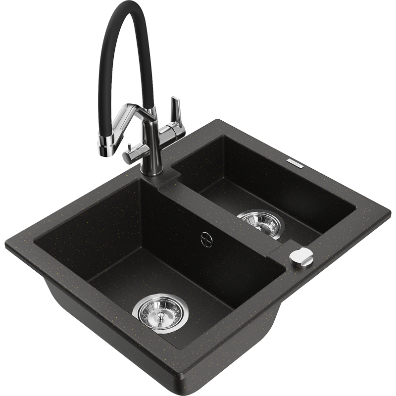 Mexen Carlos 1,5-allasinen graniittikeittiöallas Duo-keittiöhanalla, musta/kultainen metallinhohto - 6518-75-671701-07