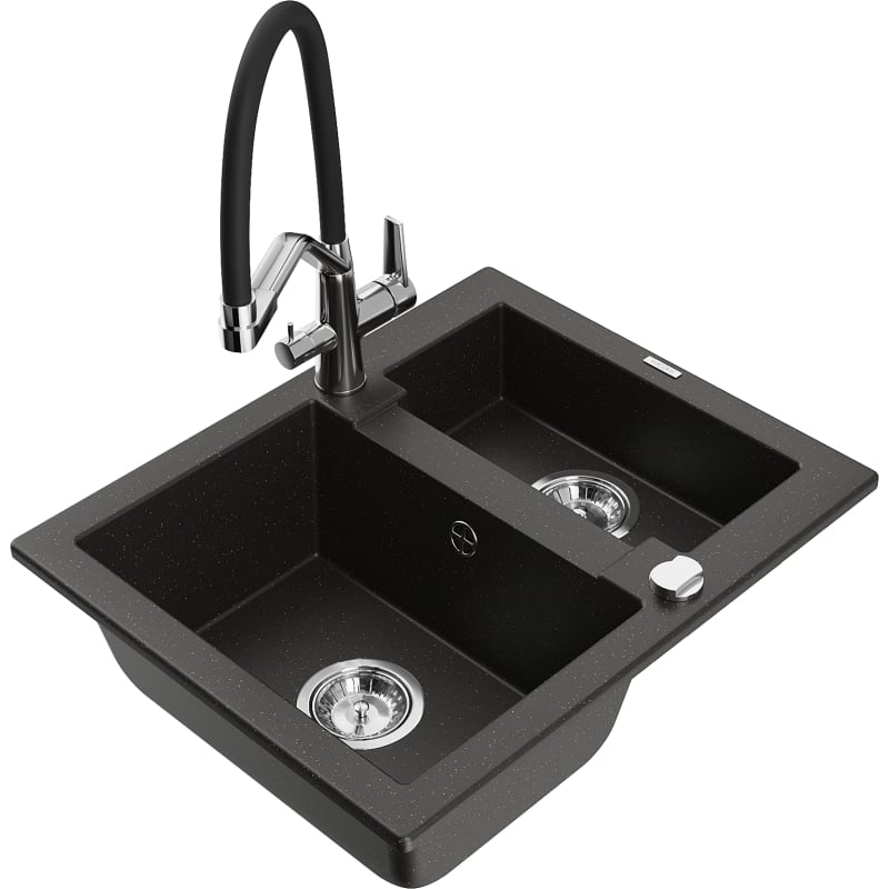 Mexen Carlos granite sink 1.5-bowl with Duo kitchen faucet, black/gold metallic - 6518-75-671701-07