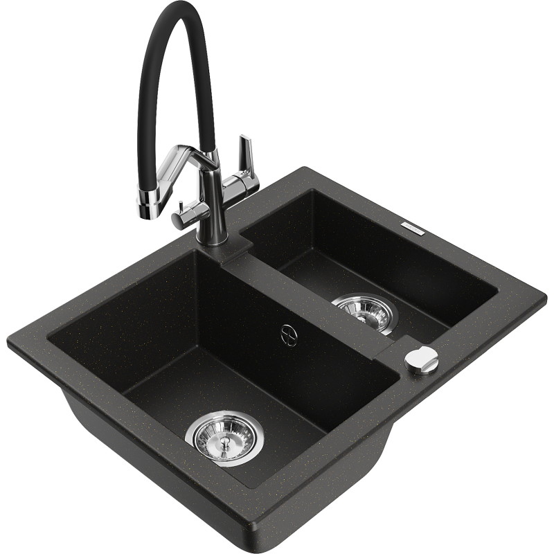 Mexen Carlos Granitspüle 1,5-Becken mit Küchenarmatur Duo, schwarz/gold metallic - 6518-75-671701-07