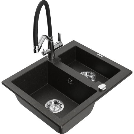 Mexen Carlos 1.5-bowl granite sink with Duo kitchen tap, black/gold metallic - 6518-75-671701-07