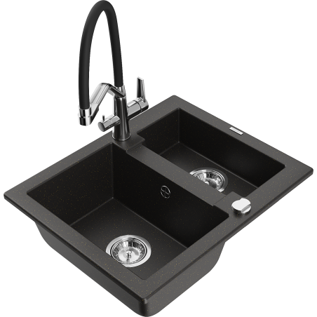 Mexen Carlos granite sink 1.5-bowl with Duo kitchen faucet, black/gold metallic - 6518-75-671701-07