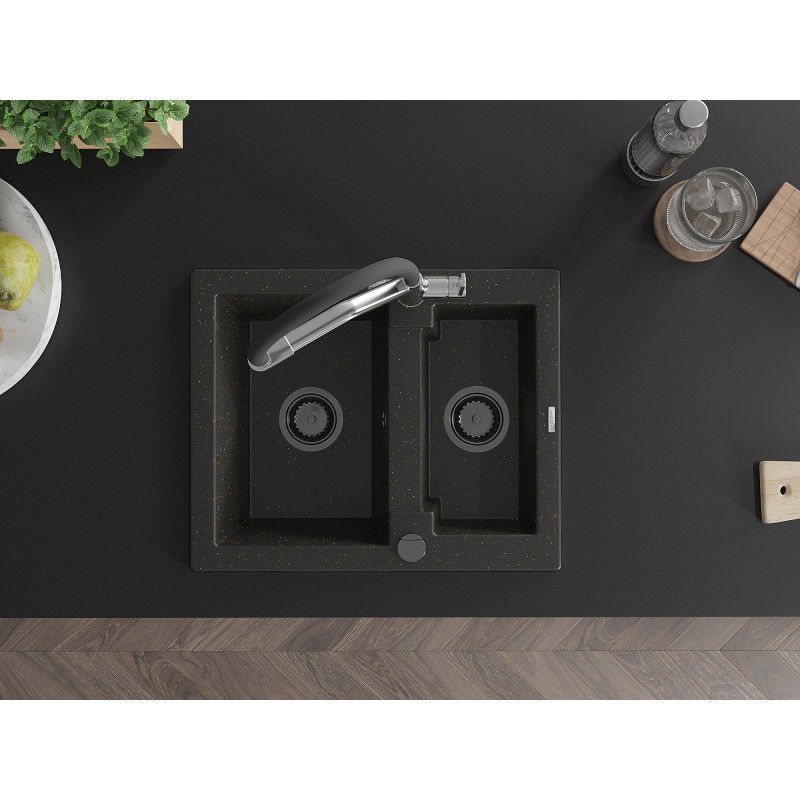 Mexen Carlos lavello in granito 1,5 vasca con rubinetto da cucina Duo, nero/oro metallizzato - 6518-75-671701-07-B