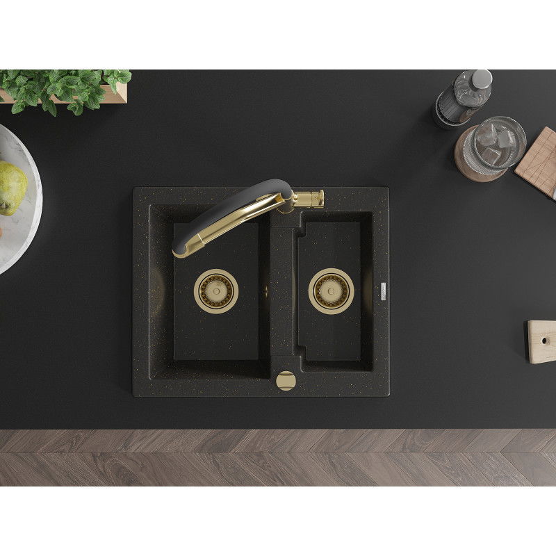 Mexen Carlos lavello in granito a 1,5 vie con miscelatore Duo, nero/oro metallizzato - 6518-75-671701-57-G