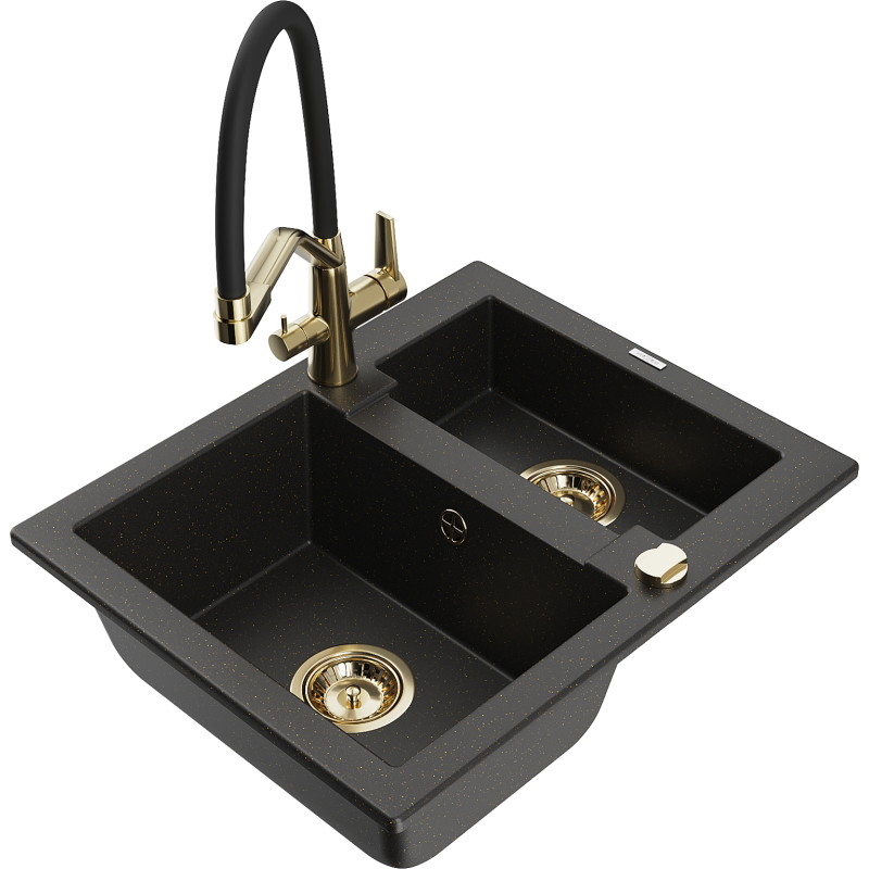 Mexen Carlos fregadero de granito de 1,5 senos con grifo de cocina Duo, negro/dorado metálico - 6518-75-671701-57-G