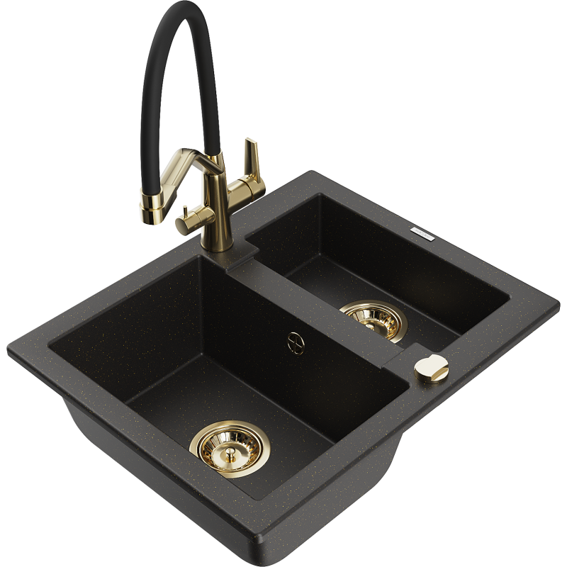 Mexen Carlos Graniittinen 1,5-altainen keittiöallas ja keittiöhana Duo, musta/kultainen metalli - 6518-75-671701-57-G