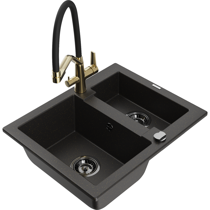Mexen Carlos lava-loiça de granito 1,5-cubas com misturadora de cozinha Duo, preto/ouro metálico - 6518-75-671701-57-B