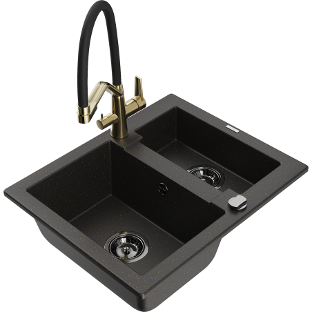 Mexen Carlos 1.5-bowl granite sink with Duo kitchen mixer, black/gold metallic - 6518-75-671701-57-B