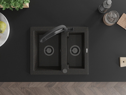 Mexen Carlos 1.5-bowl granite sink with Duo kitchen tap, black/gold metallic - 6518-75-671701-70-B