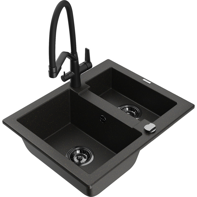 Mexen Carlos fregadero de granito de 1,5 tazones con grifo cocina Duo, negro/dorado metálico - 6518-75-671701-70-B